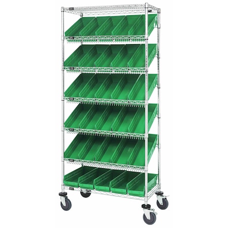 Quantum Storage Systems WIRE SHELVING UNIT W/30 GREEN BINS MOBILE MWRS-7-104GN