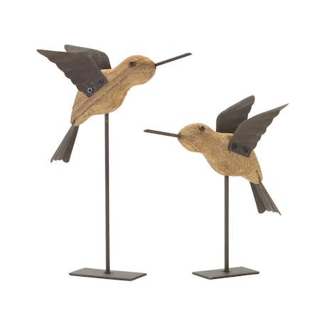 Homeroots Set of Two 8" Natural Wood And Metal Bird Figurine Tabletop Sculpture, 2PK 518084