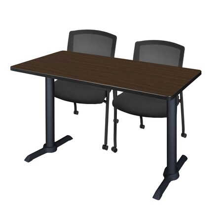 Regency Kobe T-Base Training Seminar Table W/ 2 Knight Mesh Chairs, 48 in W, 24 in L, Neo Walnut MTRCT4824NW56CBK