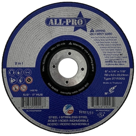 Cooper Lighting Grinding Wheel 6", 1/4", 7/8", A30Q, T27, 10PK ALPGW29027