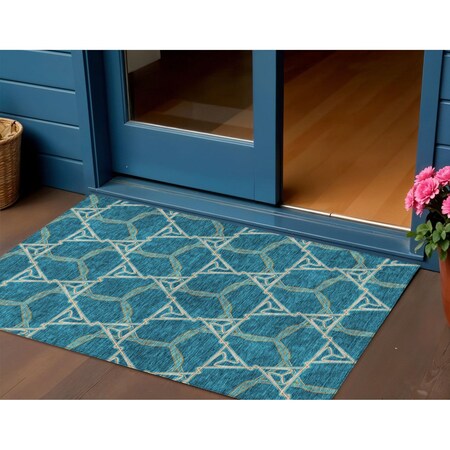 Homeroots 3' X 5' Teal Blue And Beige Geometric Washable Indoor Outdoor Area Rug 613524