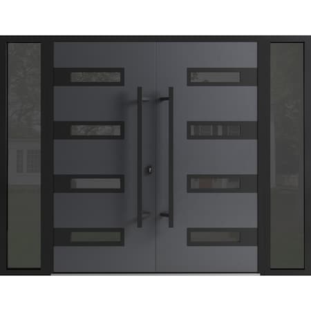 Vdomdoors Front Exterior Prehung Aluminum Double Doors Ronex0131 Grey Mirrored Clear Glass 2 Sidelights Entry RONEX0131DEXD-GRE-W16+72+16xH96-LH-I