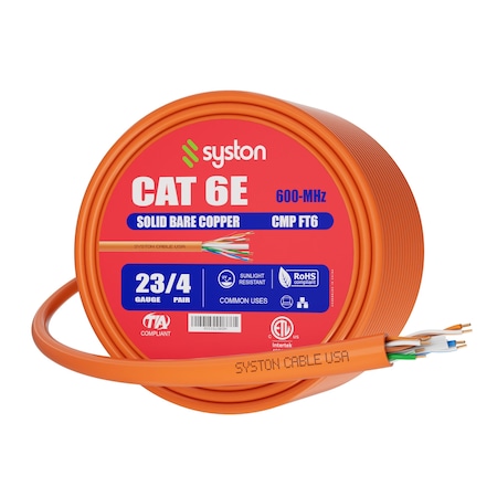 Syston Cable Technology Cat 6e Ethernet Data Cable Bulk, 100ft Orange, 600MHz 23AWG Solid Copper, CMP Plenum-Rated UV RoHS BULK1259-100OR