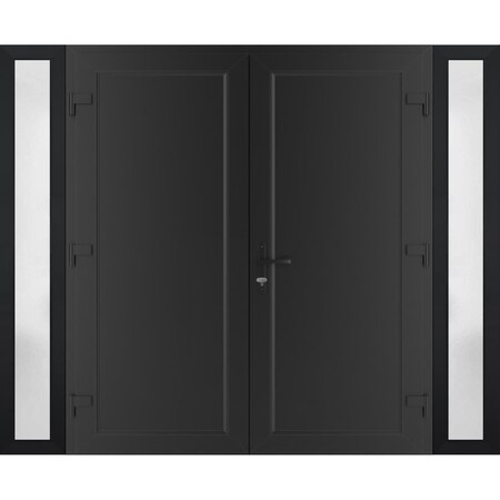 Vdomdoors Front Exterior Prehung Metal-Plastic Double Doors / MANUX 8111 Matte Black / 2 Sidelites Exterior W MANUX8111DEXD-BLK-LH-W16+72+16xH80