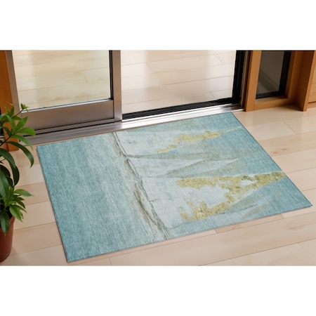 Homeroots 3' X 5' Teal Blue And Gold Nautical Washable Indoor Outdoor Area Rug 631041