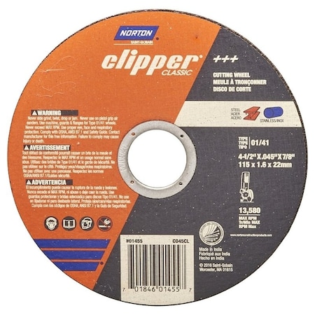 Norton Clipper Abrasive Cut-Off Wheel, Type 1, 4.5 in Dia, .045 in Thick, 7/8 in Arbor Hole Size, Aluminum Oxide 70184601455