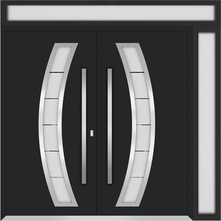 Vdomdoors Metal Double Doors Deux 6500 Black Enamel Frosted Glass 1 Sidelight and Top Transom Entry Modern Pa DEUX6500DEXD-BLK-W72+12xH80+16-RH-O