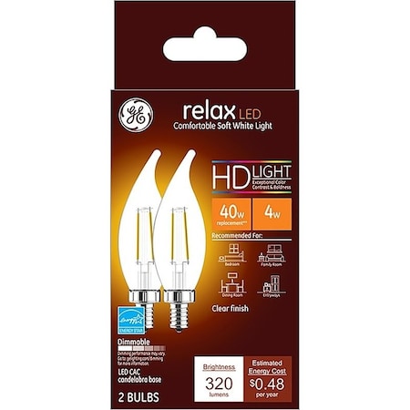 Ge LED Bulb, General Purpose, 40 W Equivalent, E12 Lamp Base, Dimmable, Clear, Soft White, PK2 31384