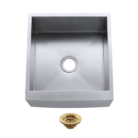 Kingston Brass 21" Stainless Steel Single Bowl Farmhouse Sink with Strainer, Brushed Stainless Steel/Brushed Brass KUF212110BN7