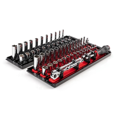 Tekton 1/4 Inch Drive 6-Point Socket and Ratchet Set with Rails and Trays, 57-Piece 5/32-9/16 in, 4-15 mm SKT03301