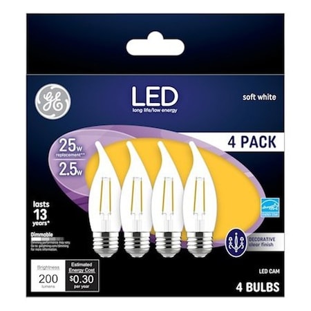 Ge Industrial Solutions LED Bulb, Decorative, CA Lamp, 25 W Equivalent, E17 Lamp Base, Dimmable, Clear, 4PK 10193