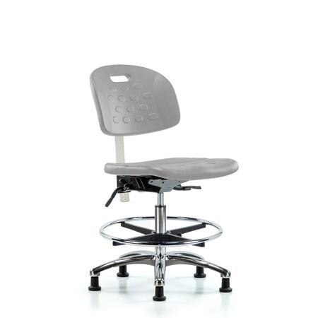Blue Ridge Ergonomics CL100CleanRoom Chair-Medium Bench Ht with Seat Tilt, Chrome Foot Ring, & Stat Glides in Gray Poly CLR-HPMBCH-CR-T1-A0-CF-RG-GRY