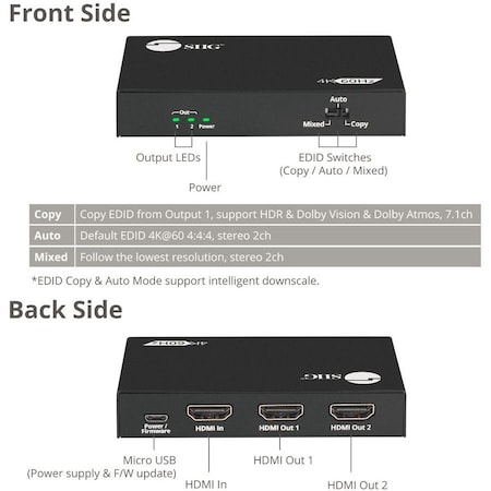 Siig 2-PORT HDMI SPLITTER, 18GBPS 4K 60HZ HDR, DISTRIBUTES 4K HDMI VIDEO/AUDIO SIGNAL CE-H26B11-S1