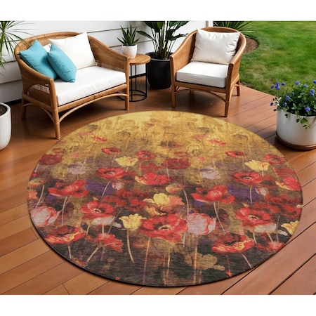 Homeroots 8' Gold Red And Brown Round Floral Washable Indoor Outdoor Area Rug 597059