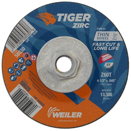 Weiler Type 27, 4-1/2 in Dia, 0.045 in Thick, Zirconia Alumina 58030