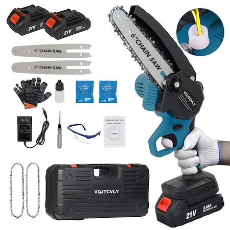 Wrightmaster 6in Mini Chainsaw w/ 2x21V 2000mAh Batteries, 32FT/S Fast Cutting Speed, Automatic Chain Tensioner ZR-VQJTCVLY-blue