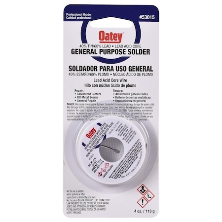 Oatey Acid Core Wire Solder, 1/4 lb Carded, Solid, Silver, 360 to 460 deg F Melting Point 53015