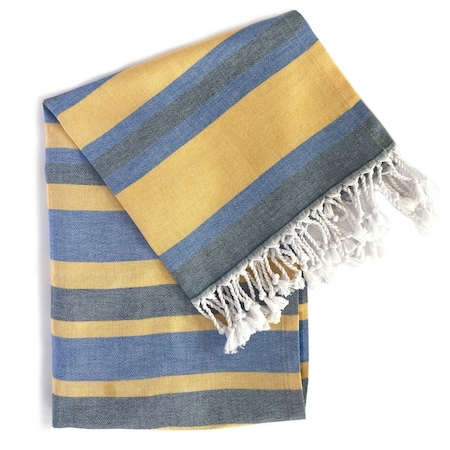 Homeroots Denim Blue and Yellow Striped Turkish Towel Beach Blanket 401821