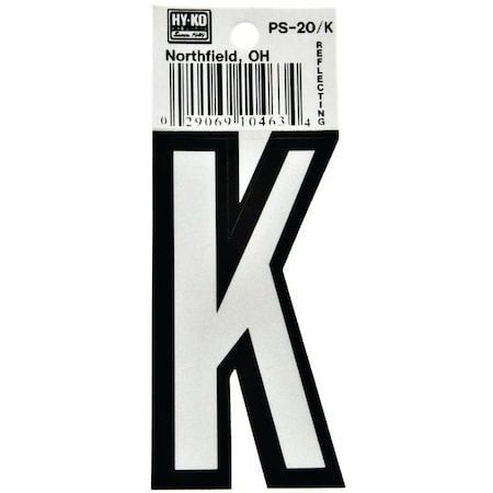 Hy-Ko Reflective Letter, Character: K, 3-1/4 in H Character, Black/White Character, Vinyl PS-20/K