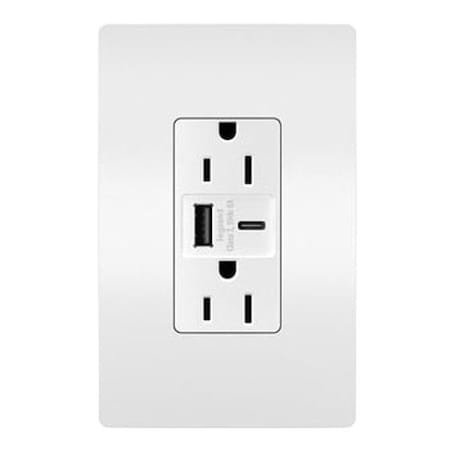 Legrand USB Receptacle, 15 A, White, Nylon R26USBAC6W