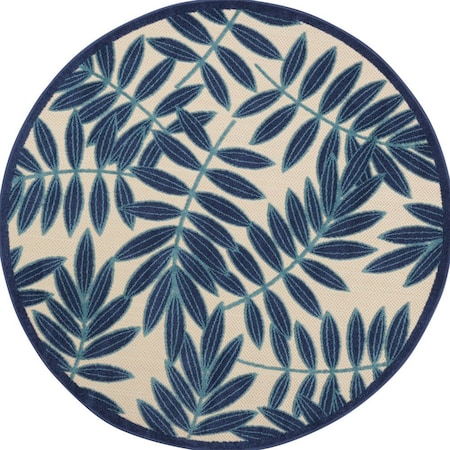 Homeroots 5' Navy Blue And Beige Round Palm Leaf Indoor Outdoor Area Rug 546650