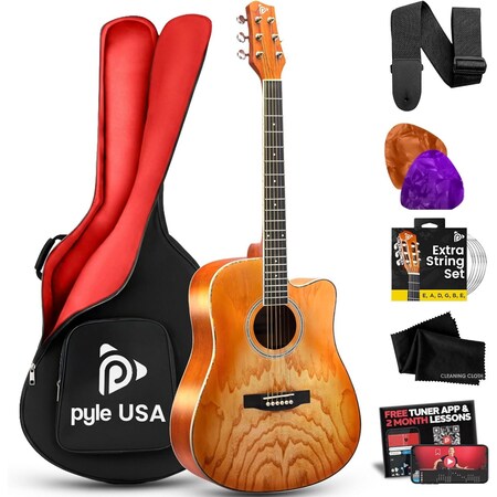 Pyle Steel String Acoustic Guitar Kit, 41 in Full Size Cutaway with Ashtree Top, Open Pore Finish PGA480CBS