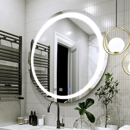Fab Glass And Mirror LED Round Bathroom Mirror, Wall Mounted Vanity Makeup Mirror with Anti Fog, Dimmable Touch Butt HC28RD