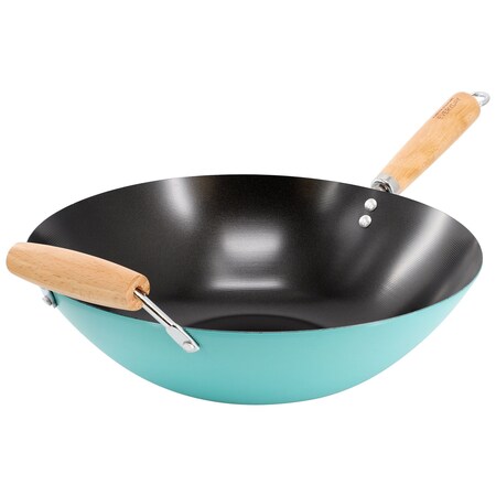 Martha Stewart Everyday Clarkston 14 Inch Nonstick Carbon Steel Wok with Wooden Handle in Teal 141039.01
