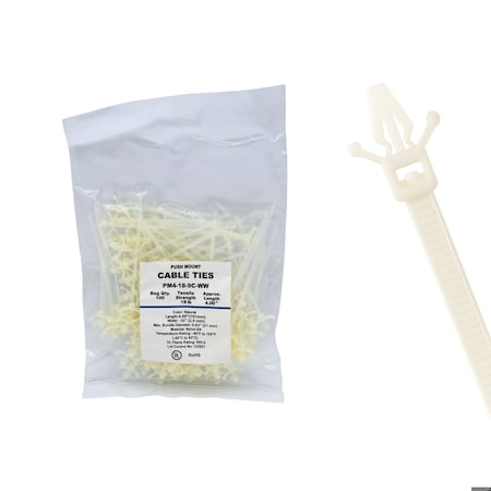Cable Ties Unlimited Push Mount Cable Tie, With Wings, 4 in L, 18 lb Strength, 1 in Max Bundle Dia, Nylon, Natural, 100PK PM4-18-9C-WW