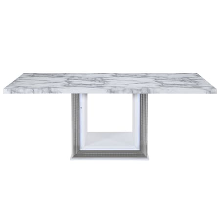 Homeroots 79" Light Gray and White Marble and Wood Pedestal Base Dining Table 564903