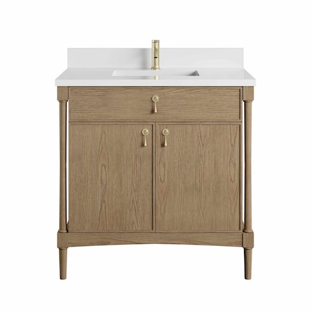 James Martin Vanities Kinnsden 36" Sgl Vanity, Weathered Oak, Sgl Hole 3 CM Wht Zeus Silestone Top and Matching Backsplash D680-V36-WTO-1WZ