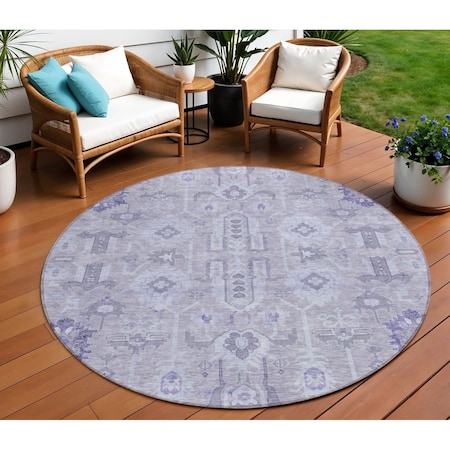 Homeroots 8' Lavender Purple And Gray Round Oriental Washable Indoor Outdoor Area Rug 582094