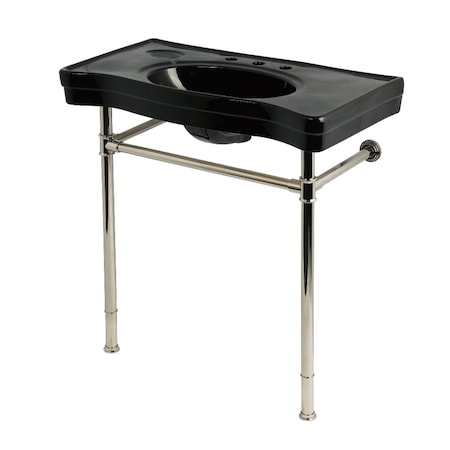 Kingston Brass 36" Ceramic Console Sink with Stainless Steel Legs, 8-Inch, 3-Hole, Black/Polished Nickel KVPB36198K86