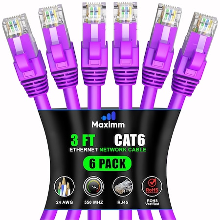 Maximm Cat6 Ethernet Cable 3ft 10Gbps 550MHz UTP, 6PK, Purple, 6PK CAT6CCA-3PU-6PK