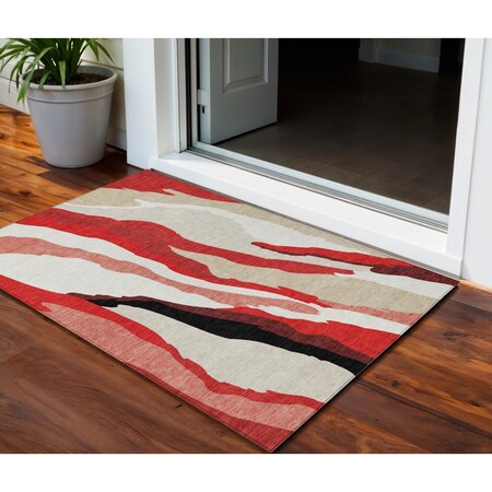 Homeroots 3' X 5' Red Black And Beige Abstract Washable Indoor Outdoor Area Rug 600996
