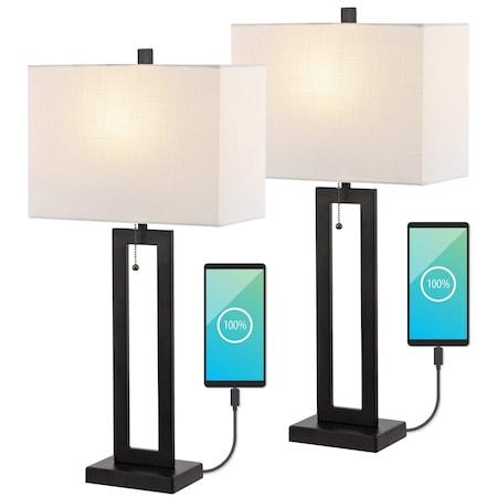 Jonathan Y Sabrina 28.5" Vintage Industrial Iron LED Table Lamp with Pull-Chain and USB Charging Port, Bla, 2PK JYL1126C-SET2