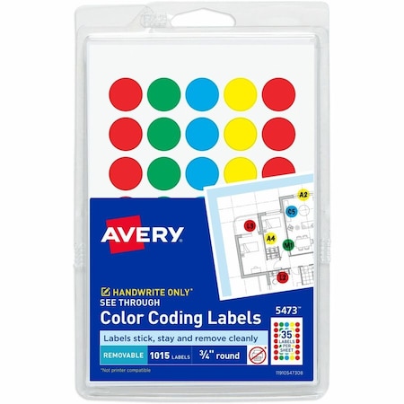 Avery See-Through Removable Color Dots, 3/4" dia, Assorted Colors, 1015/Pack 5473