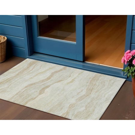 Homeroots 3' X 5' Beige Striped Washable Indoor Outdoor Area Rug 608100