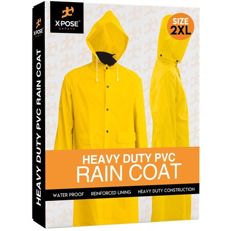 Xpose Safety Heavy Duty Yellow Raincoat, 48in, PVC .35mm, Waterproof, Detachable Hood, 2XL YRC-2XL-X