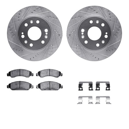 Dynamic Friction Co DFC Brake Rotor - Drilled & Slotted - Silver- Heavy Duty Brake Pad includes Hardware 7412-48035