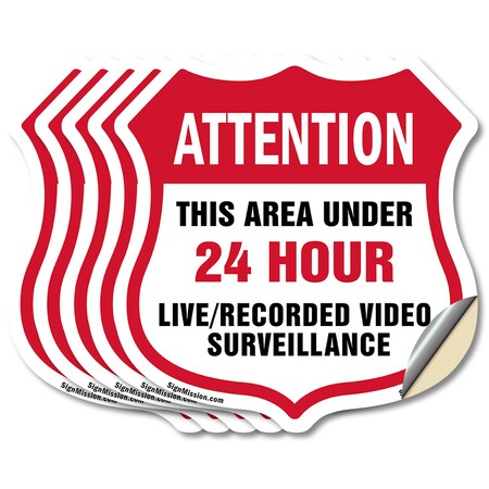 Signmission 24 Hour Surveillance Shield Sign Attenti, 6 inch X 6 inch, Vinyl Decal, 5PK SHI-D-5PACK-6-351