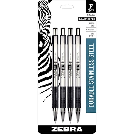 Zebra Pen F-301 Retractable Ballpoint 0.7mm Black 4pk 27114