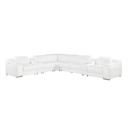 Homeroots White Italian Leather 4 Power Reclining L Shaped Eight Piece Corner Sectional With Console 544998