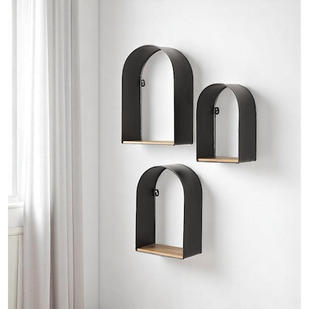 Homeroots Set Of Three Black And Brown Metal And Solid Wood Arched Wall Mounted Accent Shelf 608674