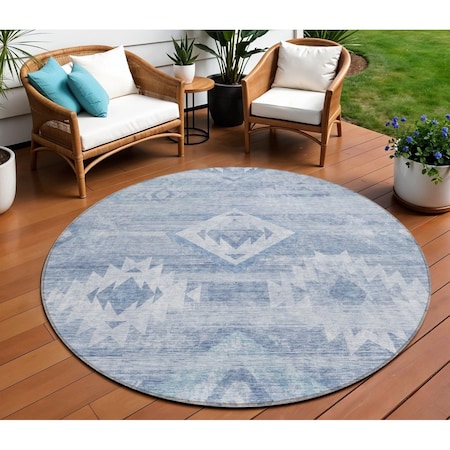 Homeroots 8' Denim Blue And Sky Blue Round Southwestern Washable Indoor Outdoor Area Rug 588698