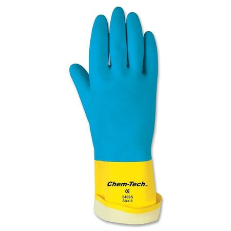 Mcr Safety Chem Tech Gloves, Large, Latex, Yellow on Blue, 12 Inch L, PR 5409S