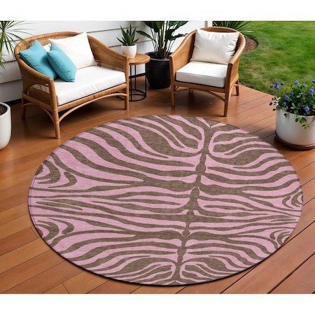 Homeroots 8' Brown And Pink Round Animal Print Washable Indoor Outdoor Area Rug 600668