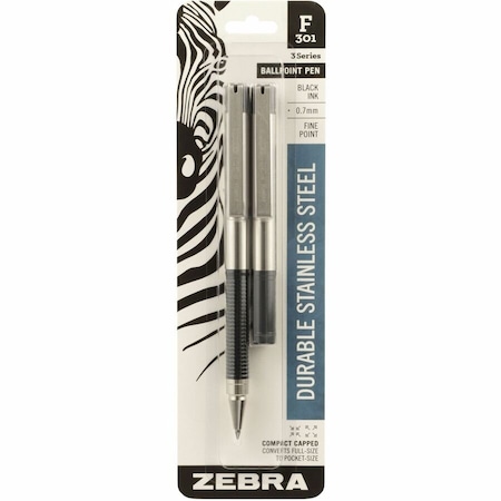 Zebra Pen Zebra Pen Compact F-301 Ballpoint Pen - 0.7 mm Pen Point Size - Black - Stainless Steel Barrel - 2-/ Pack 27412
