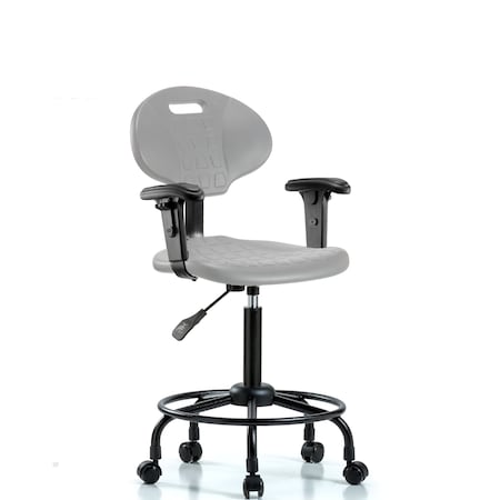 Blue Ridge Ergonomics Poly Chair - Medium Bench Height with Adjustable Arms, Round Tube Base & Casters in Gray Poly TPMBCH-RT-A1-RC-GRY