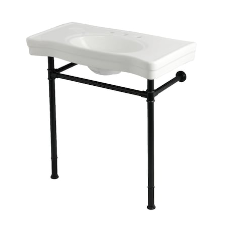 Kingston Brass 36" Ceramic Console Sink with Stainless Steel Legs, 8-Inch, 3-Hole, White/Matte Black KVPB36198W80